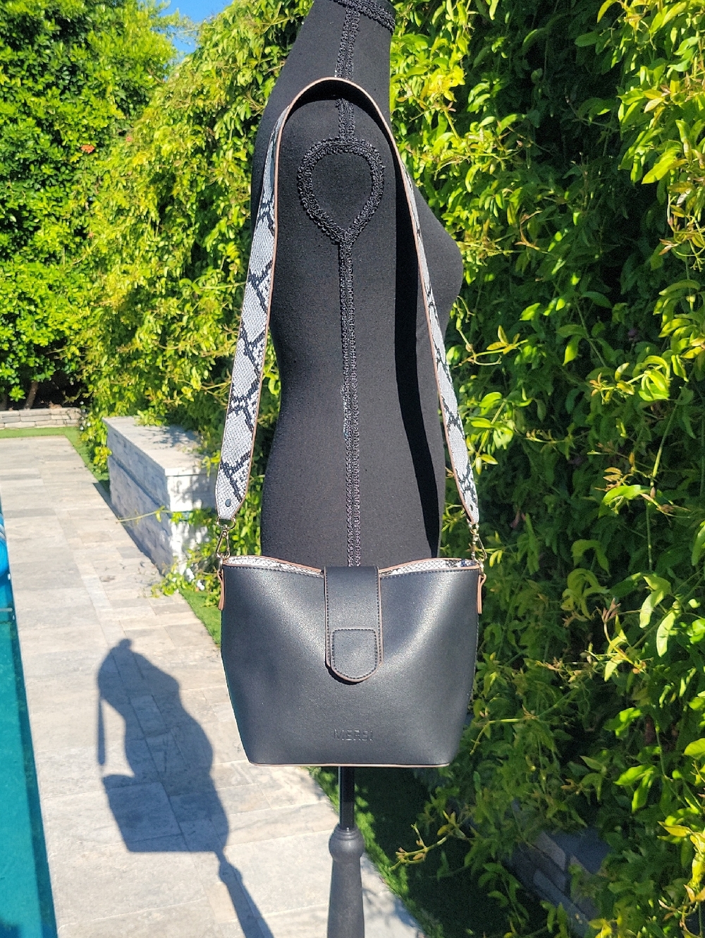 Mersi Black Shoulder Bag with Snakeskin Patterned Strap